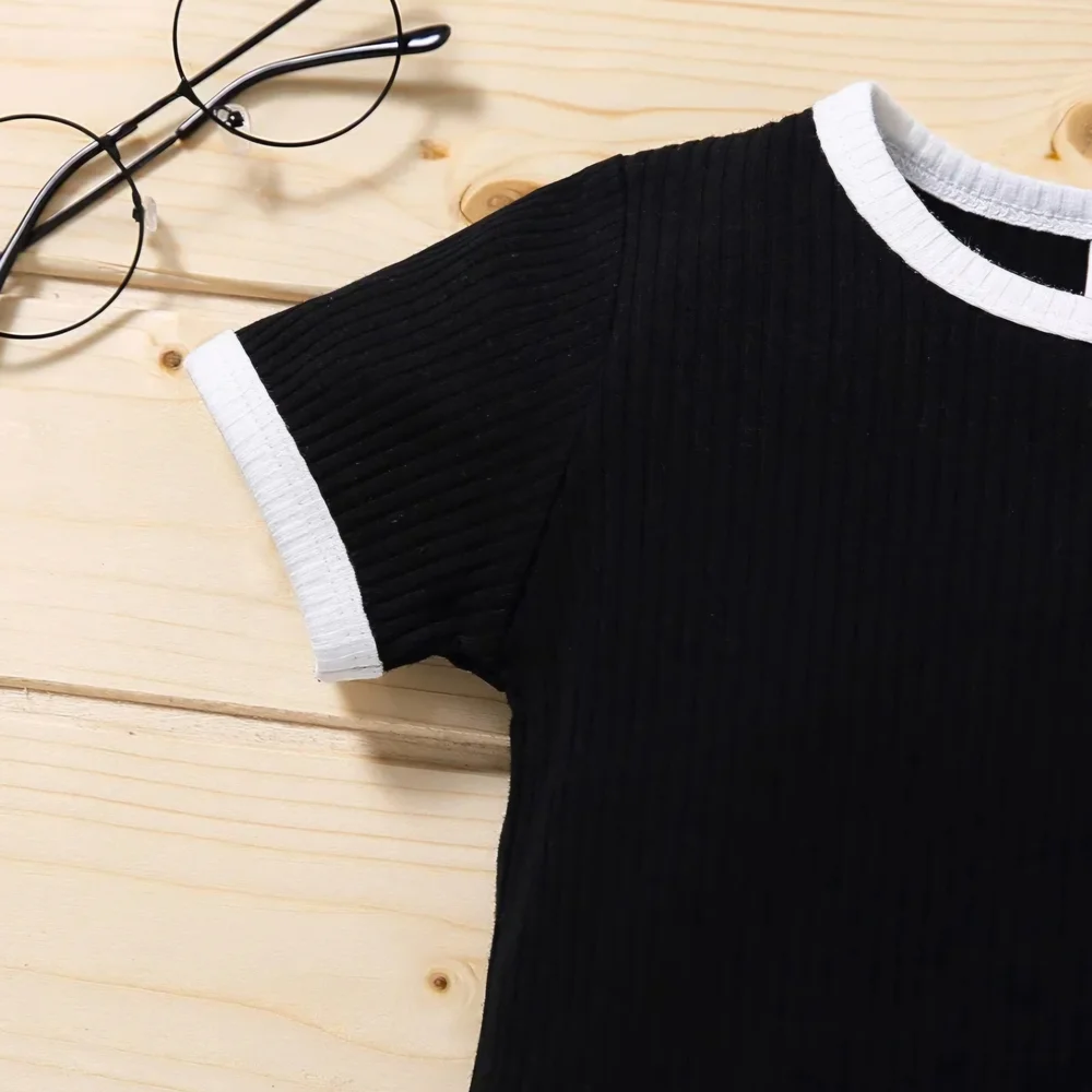 Boy Girl Ribbed Short Summer Set Black White Contrast Ringer Tee Dolphin Shorts